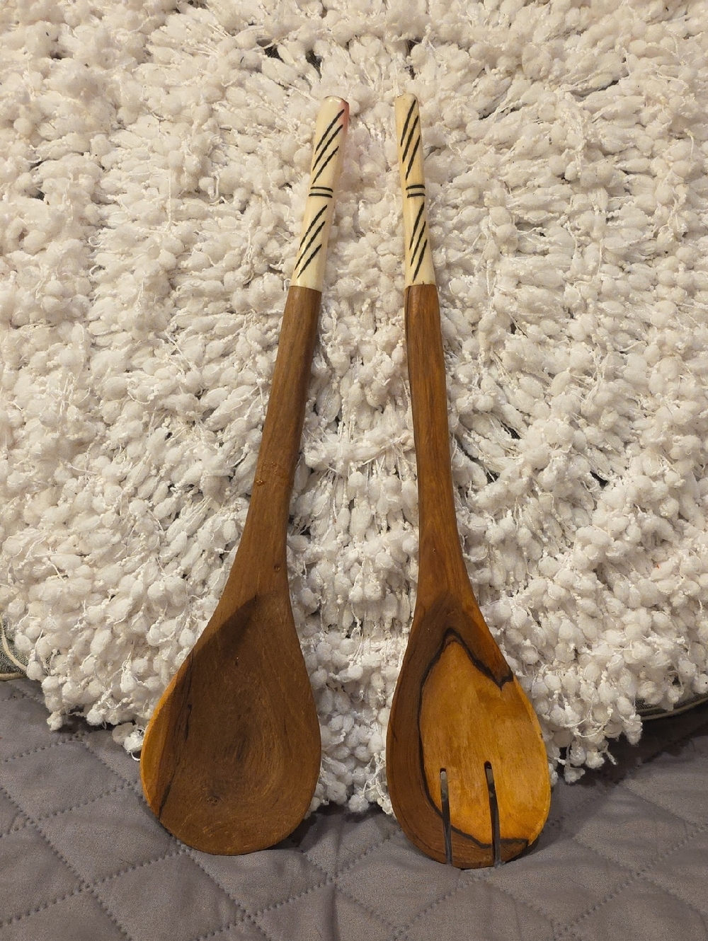 Hand-Carved Africa Olive Wood Salad Servers With Batik Cow Bone Handle Accent